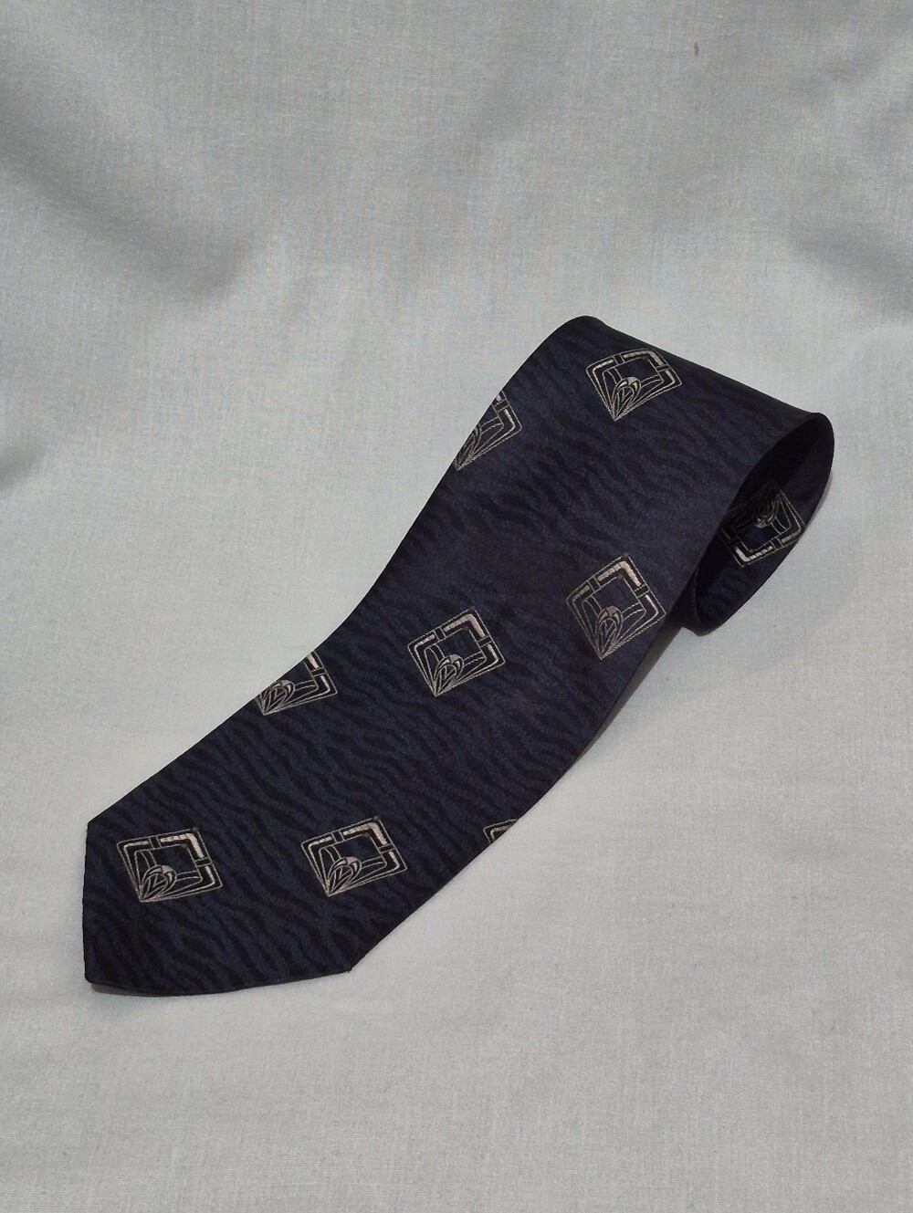 Valentino Dark Navy & Black Patterned Silk Tie with Silver Motifs